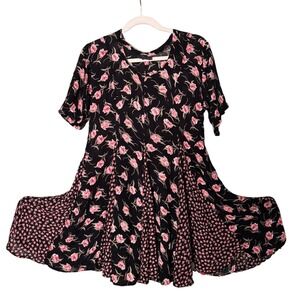 Starina Vintage Floral Mini Dress Black Pink Tulip Print Godet Pleated Skirt